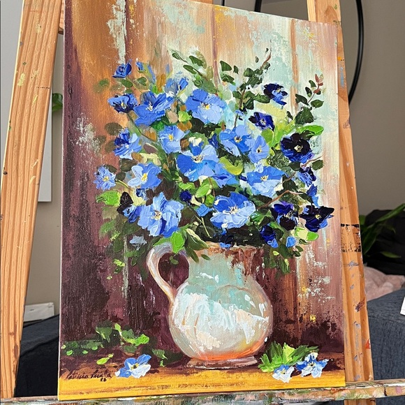 Rustic Floral Canvas with Blue and Green Accents - Picture 3 of 7